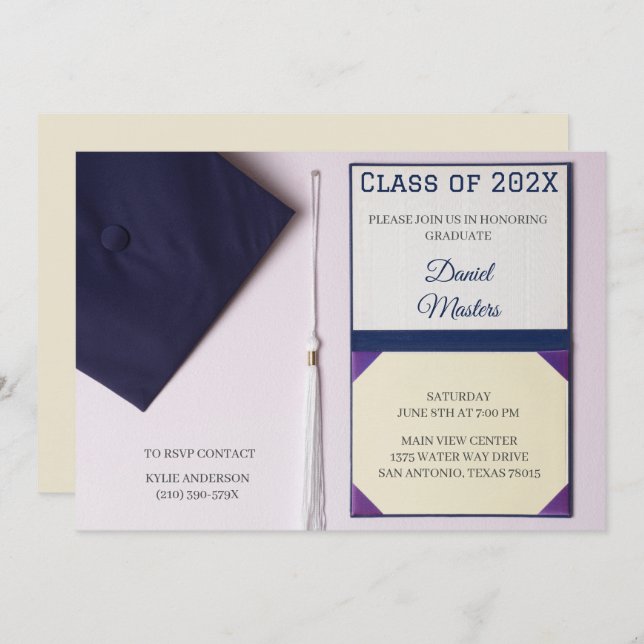 Eggshell/ Navy Blue Graduation Cap Diploma  Invitation (Front/Back)