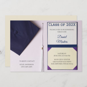 Eggshell/ Navy Blue Graduation Cap Diploma Invitation