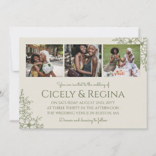 Eggshell & Olive Floral Photo Collage Wedding Invitation