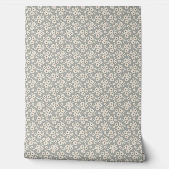 Eggshell White And Grey Floral Pattern Wallpaper (Unrolling)
