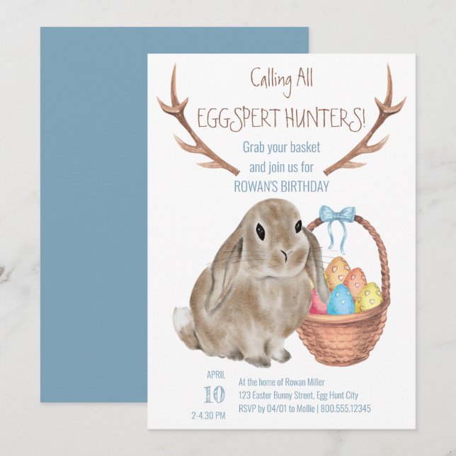 Eggspert Hunters Easter Bunny and Eggs Birthday Invitation (Front/Back)