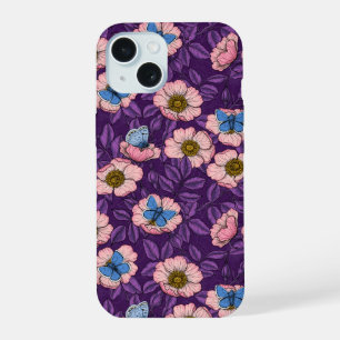 Églantier et papillons en rose et violet