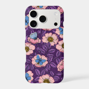 Églantier et papillons en rose et violet