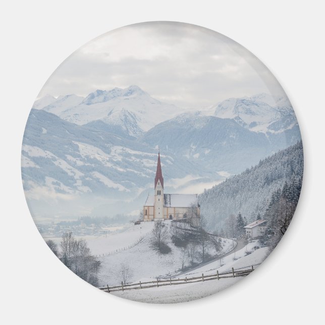 Église à Zillertal en hiver aimant rond (Devant)