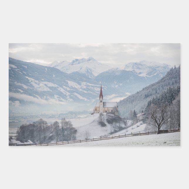 Église à Zillertal en hiver autocollant rectangula (Devant)