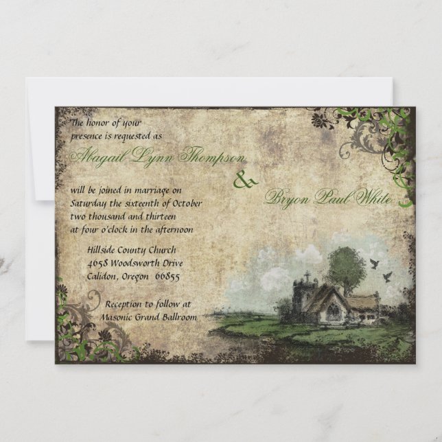 Église Green Vintage Mariage Invitation (Devant)