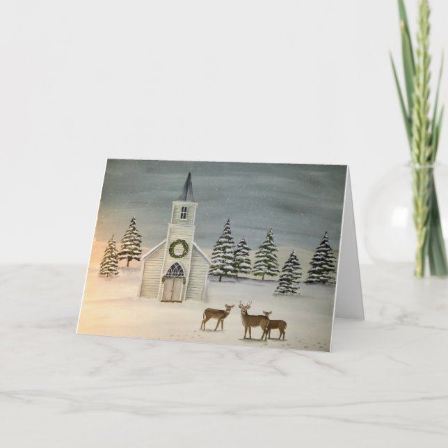 Église paisible et carte de Noël des cerfs (Devant)