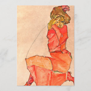 Egon Schiele - Kneeling Female In Orange Red Dress Invitation
