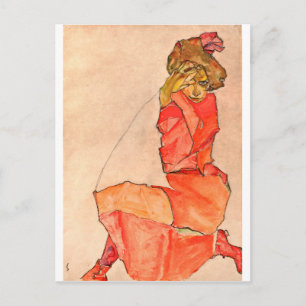 Egon Schiele - Kneeling Female In Orange Red Dress Postcard