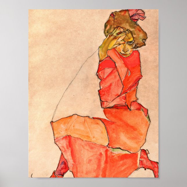 Egon Schiele - Kneeling Female In Orange Red Dress Poster (Front)