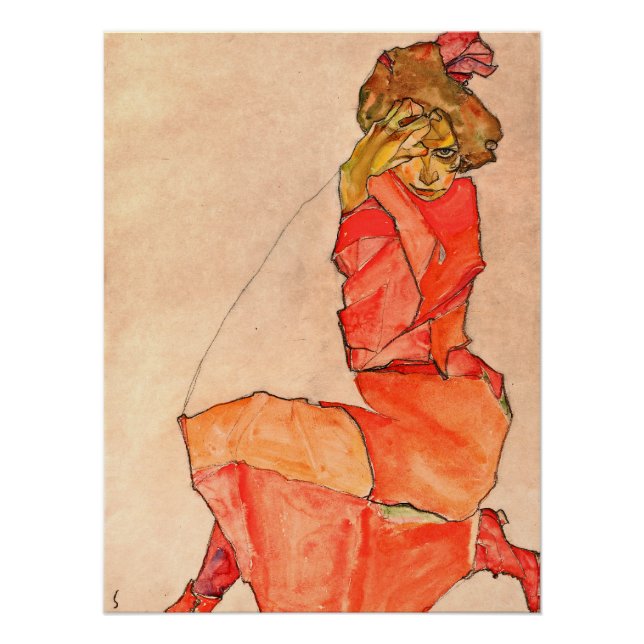 Egon Schiele - Kneeling Female In Orange Red Dress Poster (Front)
