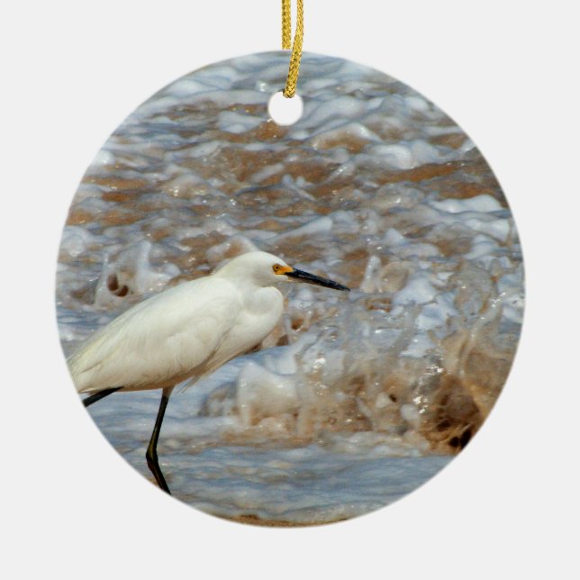 Egret and Wave Splash Ceramic Ornament (Front)