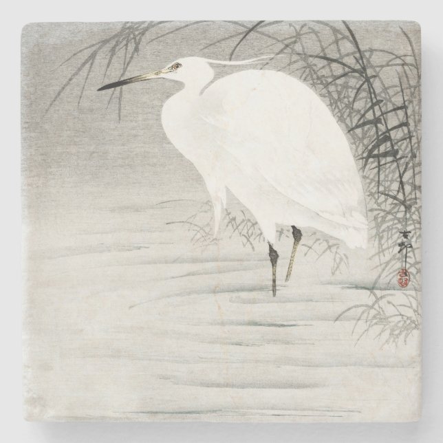 Egret Asian Art Coastal Bird Stone Coaster (Front)