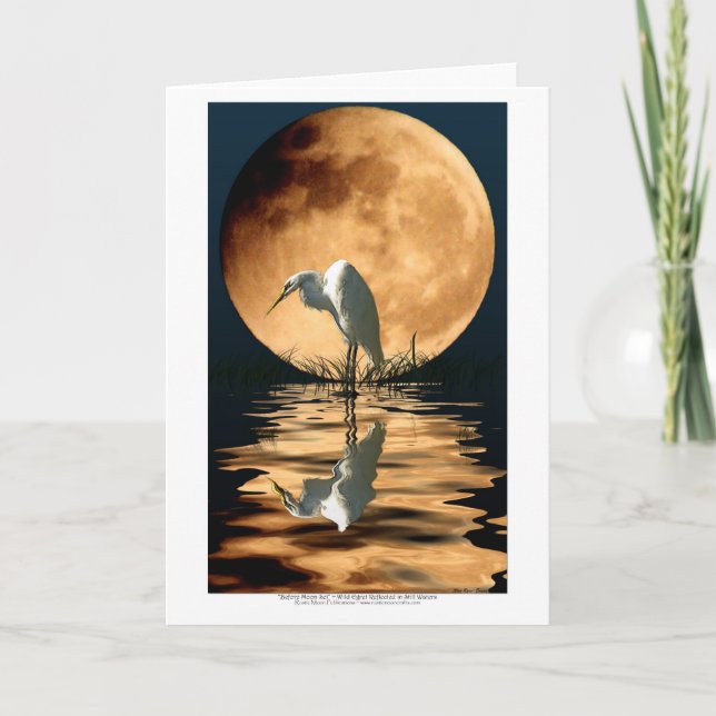 Egret & Golden Moon Wildlife Art Greeting-card Card (Front)
