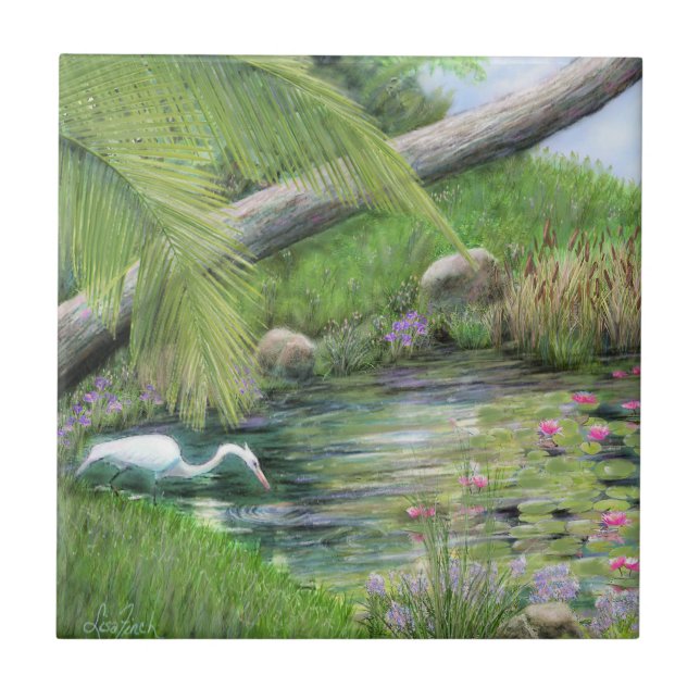 Egret on Pond  Tile (Front)