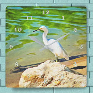 Egret On The Mismaloya River 0335 Square Wall Clock