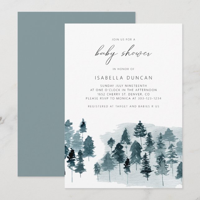 EGRET Rustic Blue Winter Pine Tree Baby Shower Invitation (Front/Back)
