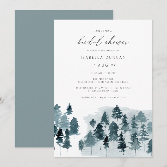 EGRET Rustic Blue Winter Pine Tree Bridal Shower Invitation (Front/Back)