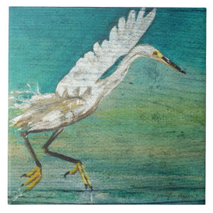 Egret Shorebird Beach House Art Tile