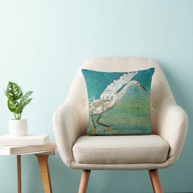 Egret Shorebird Beach Lake House Throw Pillow (Chair)