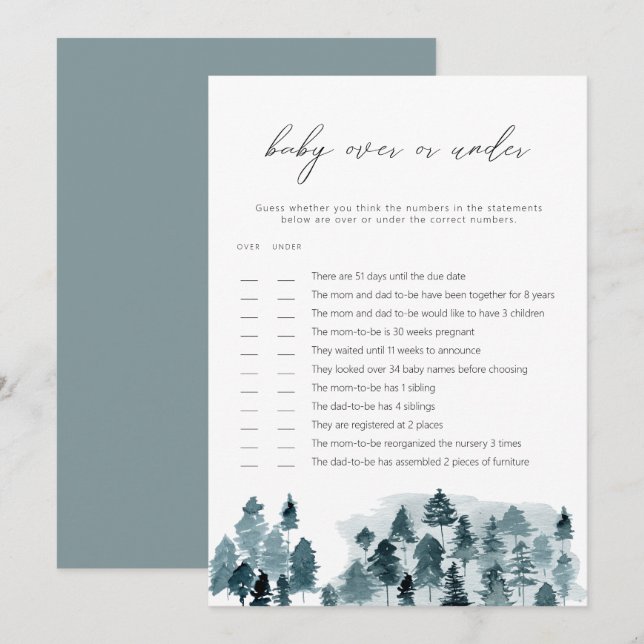 EGRET Slate Blue Pines Over or Under Baby Game Invitation (Front/Back)