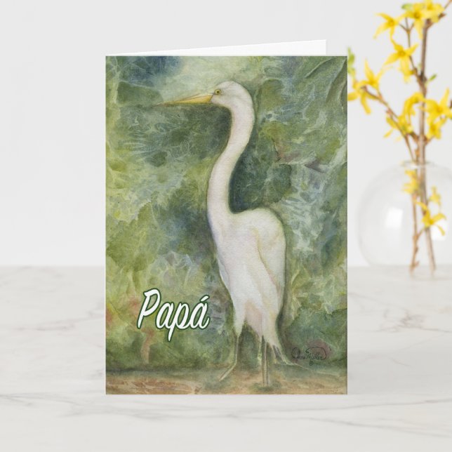 Egret white bird Papa Espagnol Carte d'anniversair (Fleur jaune)
