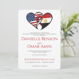 Egyptian American Heart Flags Wedding Invitation