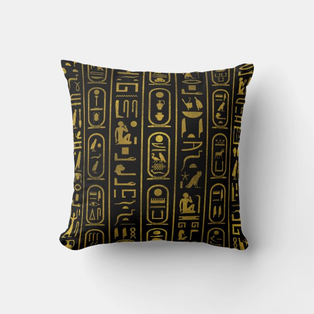 Egyptian Ancient Gold hieroglyphs on black Throw Pillow (Front)