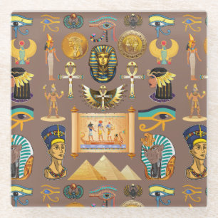 Egyptian Ancient Hieroglyphic Pattern Symbol Glass Coaster