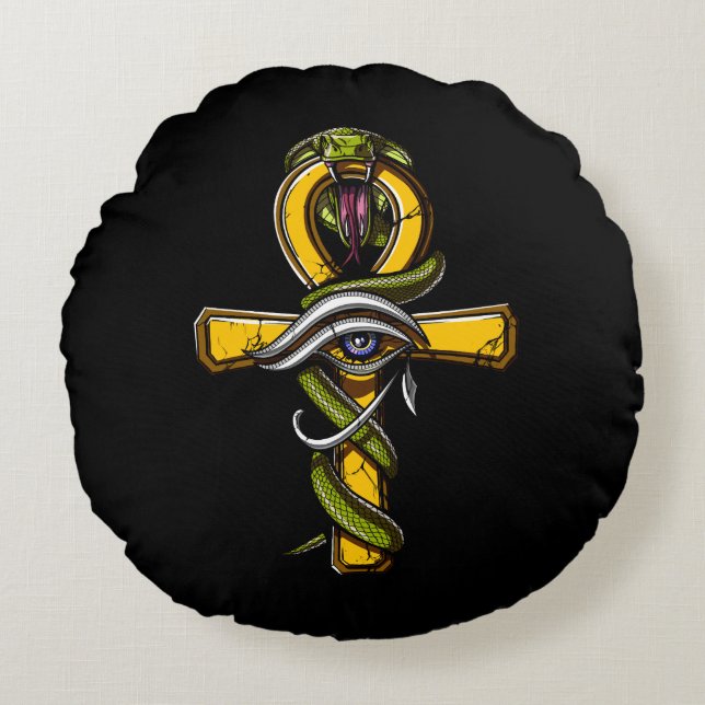 Egyptian Ankh Eye Of Horus Ancient Serpent Symbol Round Pillow (Front)
