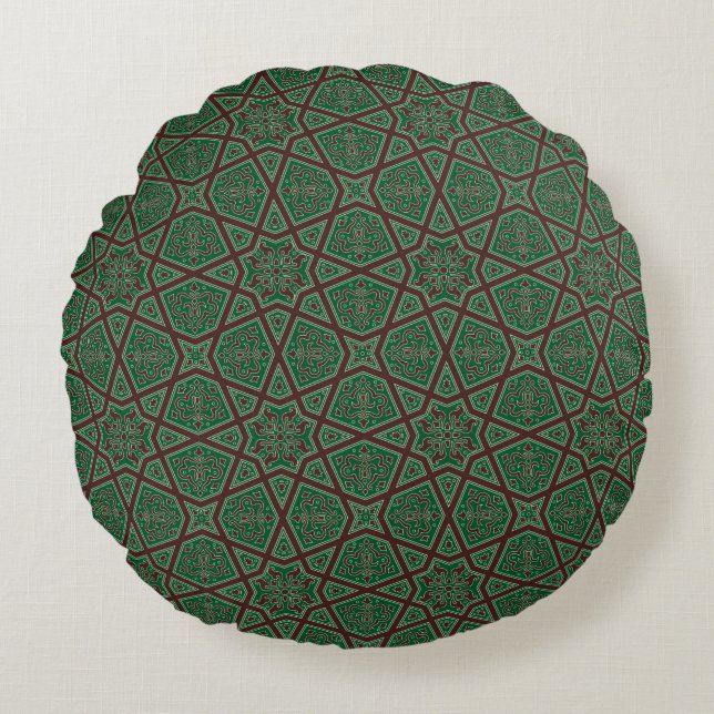 Egyptian arabic geometric pattern in brown green round pillow (Front)