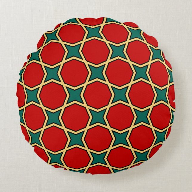 Egyptian arabic geometric pattern in red and green round pillow (Front)