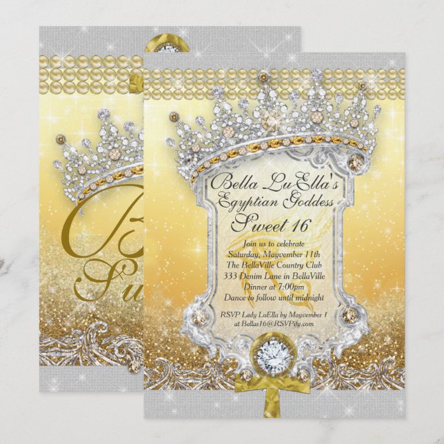 Egyptian Bling Sweet 16 Quince Invitations (Front/Back)