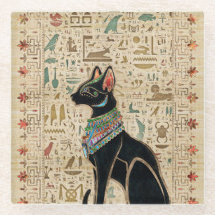 Egyptian Cat - Bastet on papyrus Glass Coaster