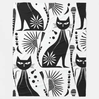 Egyptian Cat - Black and White Pattern Fleece Blanket
