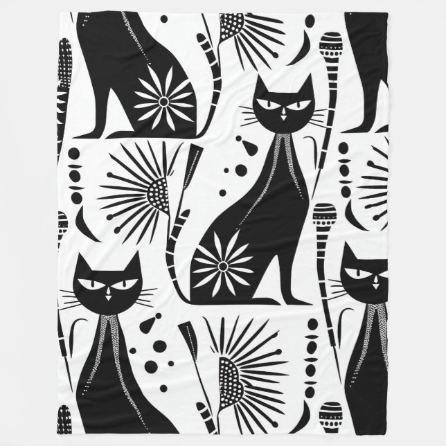Egyptian Cat - Black and White Pattern Fleece Blanket (Front)