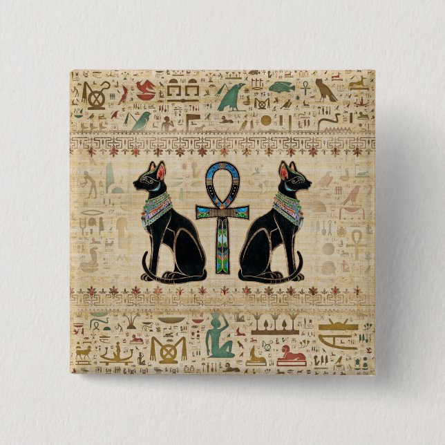 Egyptian Cats and ankh cross 2 Inch Square Button (Front)
