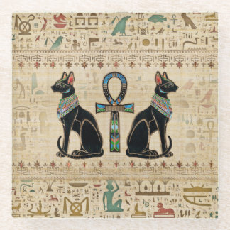 Egyptian Cats and ankh cross Glass Coaster