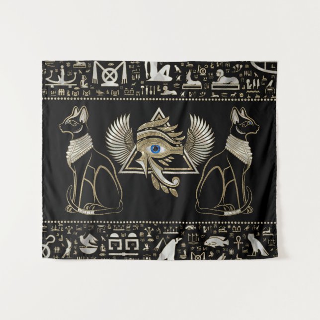 Egyptian Cats and Eye of Horus Tapestry (Front (Horizontal))