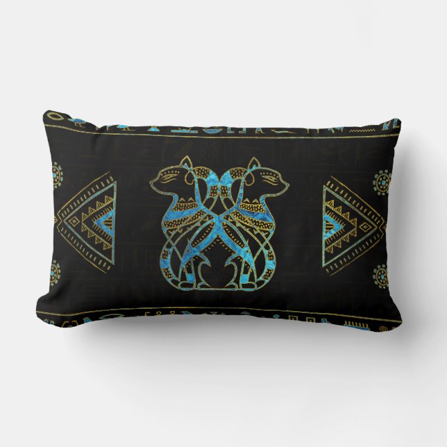 Egyptian Cats Gold and blue stained glass Lumbar Pillow (Front)