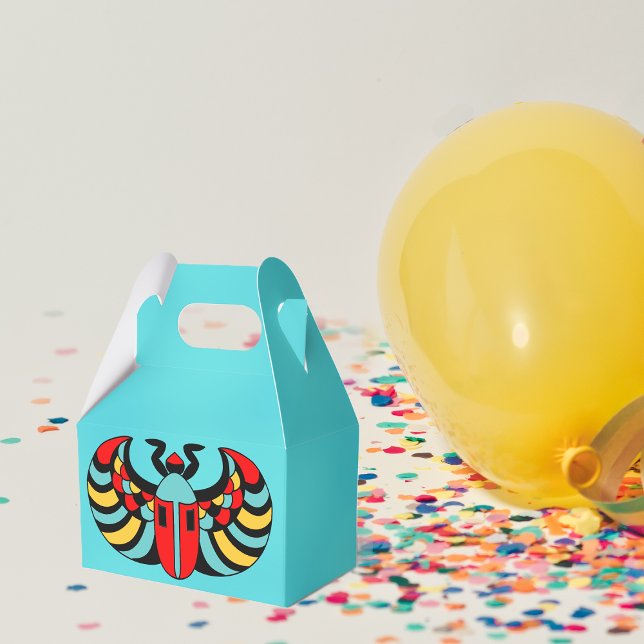 Egyptian Colourful Bold Vibrant Scarab Beetle Favor Box (Abstract black Scarab beetle with colourful markings on aqua blue party favor box.)