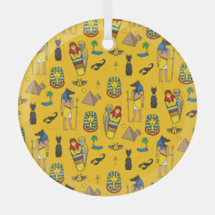 Egyptian elements, Anubis, pyramids pattern. Glass Ornament