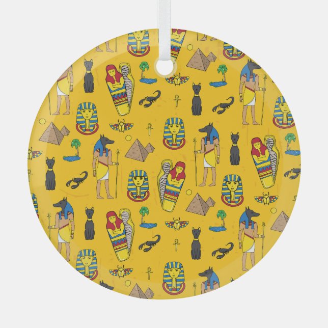 Egyptian elements, Anubis, pyramids pattern. Glass Ornament (Front)