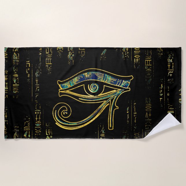 Egyptian Eye of Horus  on hieroglyphics and marble Beach Towel (Front)