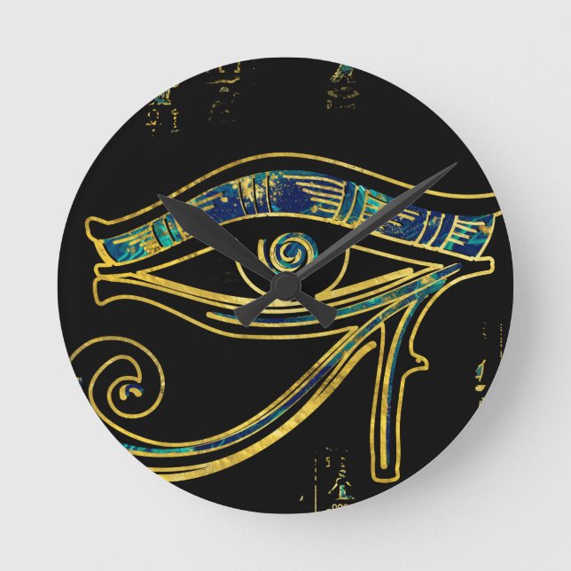 Egyptian Eye of Horus  on hieroglyphics and marble Round Clock (Front)