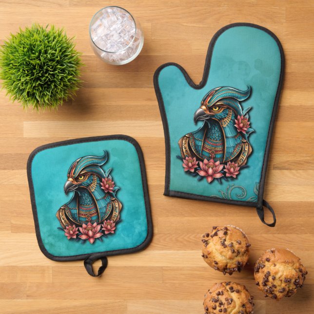 Egyptian Falcon God.  Oven Mitt & Pot Holder Set (Top Down)