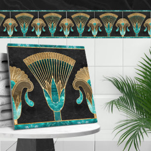 Egyptian Floral Border - Aquamarine and Gold Tile