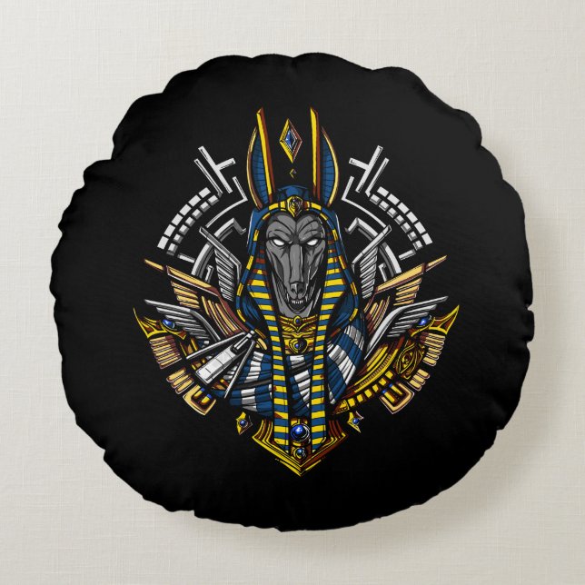 Egyptian God Anubis Ancient Wolf Pharaoh Round Pillow (Front)