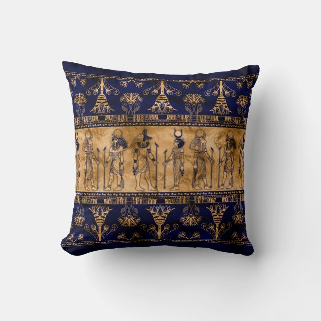Egyptian Gods and Ornamental border -blue gold Throw Pillow (Front)