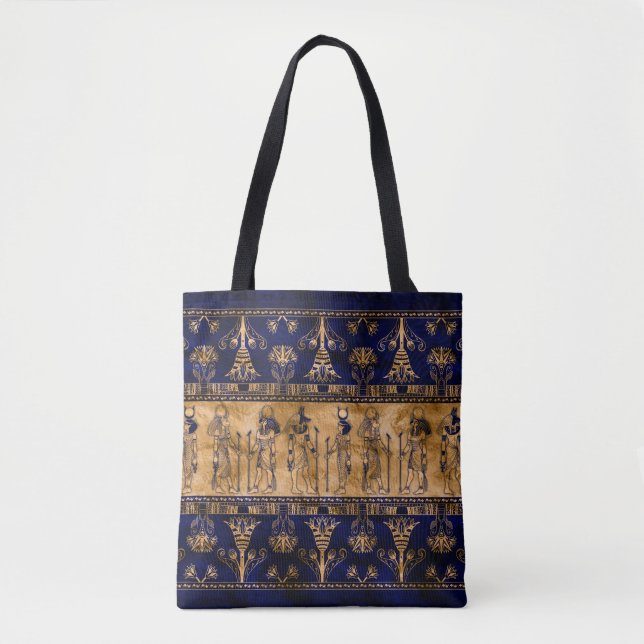 Egyptian Gods and Ornamental border -blue gold Tote Bag (Front)